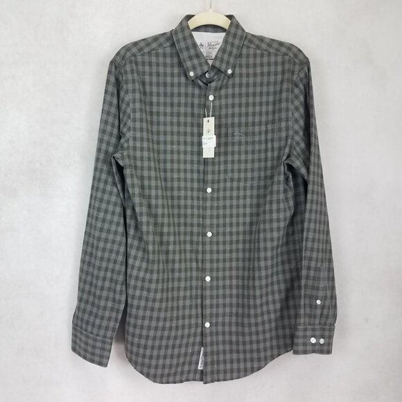 NEW Original Penguin Men's S Button Front Long Sleeve Shirt in Gargoyle Green - Picture 1 of 13